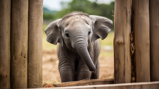 um bebê elefante atrás de uma cerca de madeira