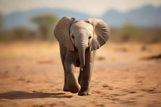 Foto um bebê elefante caminhando na areia