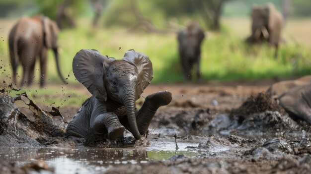 Um bebê elefante espalhando-se em uma poça de lama rolando alegremente enquanto sua manada observa