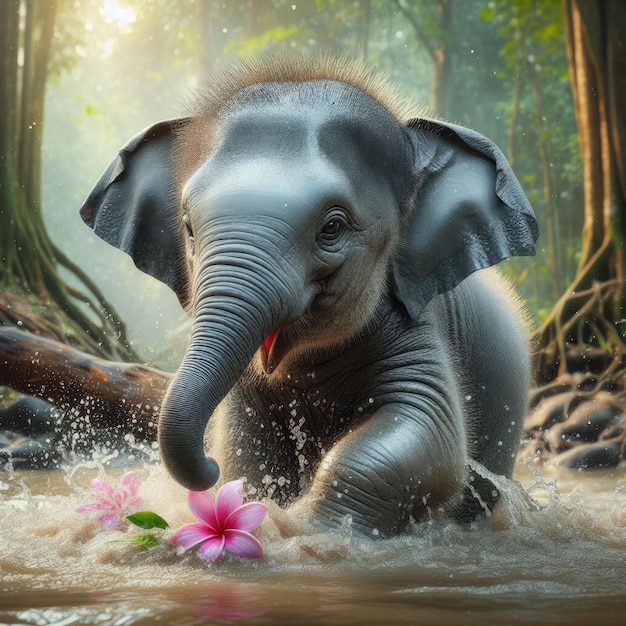 um bebê elefante está brincando na água com uma flor