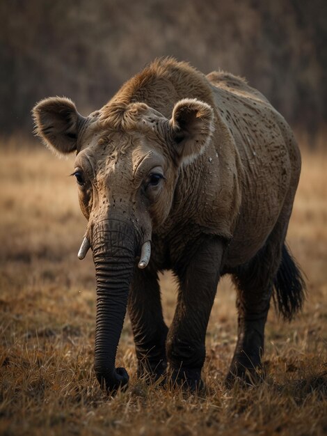 um bebê elefante está de pé em um campo com a palavra presas nele