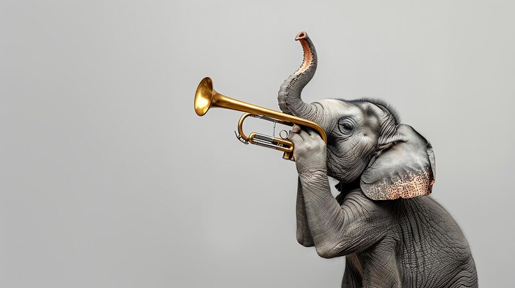 Foto um bebê elefante toca uma trombeta dourada