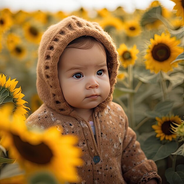 Um bebê em um campo de girassóis olha para a câmera