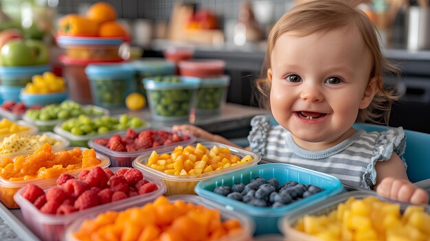 Um bebê em uma cozinha com pratos de frutas coloridos