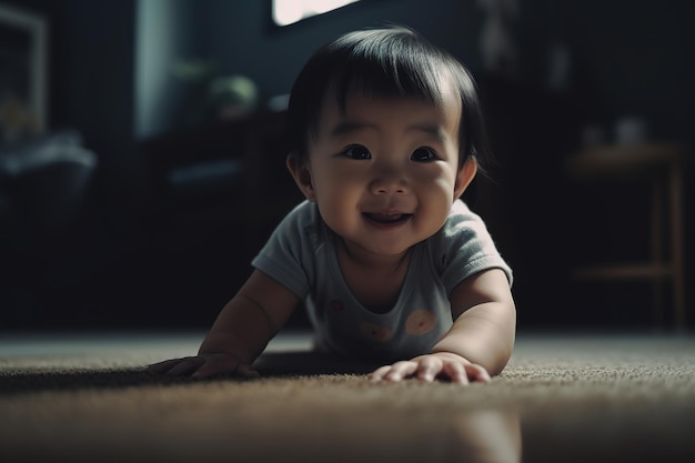 Um bebê engatinhando no chão em um quarto escuro