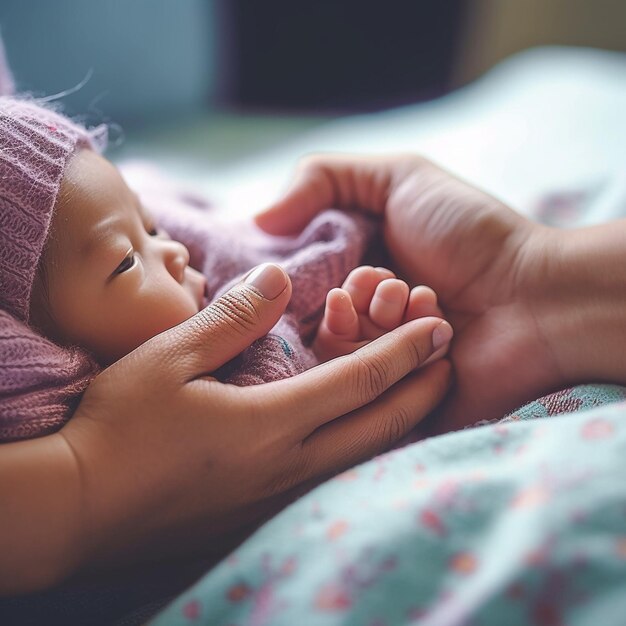 Um bebé está a ser segurado por uma mulher com um chapéu rosa.