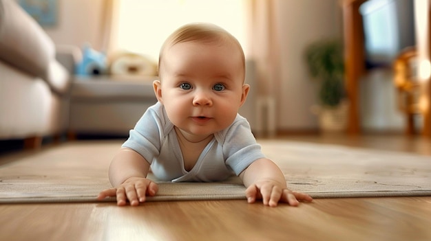 Foto um bebê está deitado em um tapete com uma camisa azul