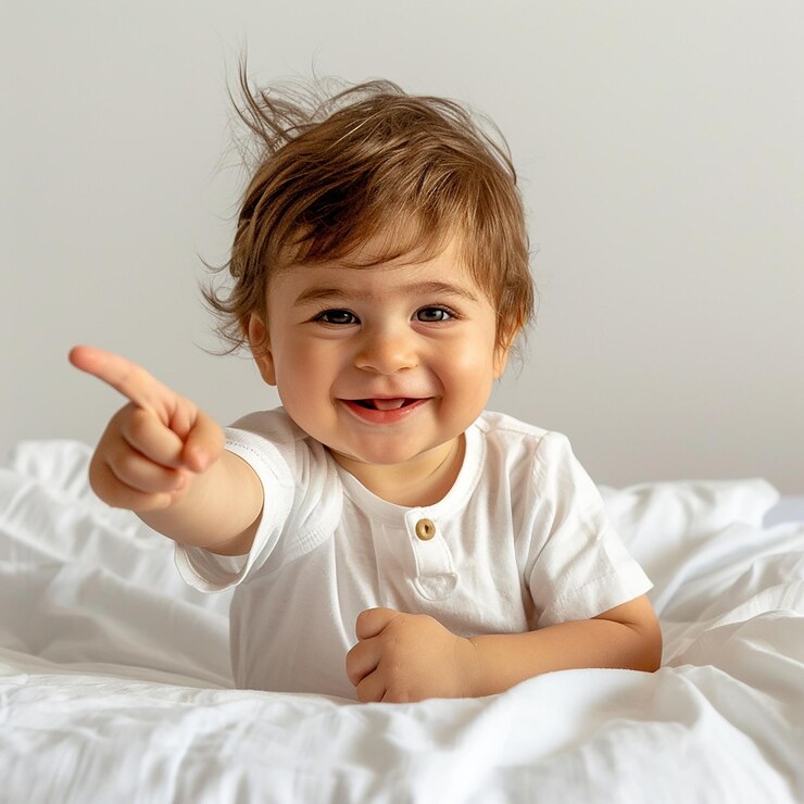 Foto um bebê está deitado em uma cama com uma camisa que diz bebê