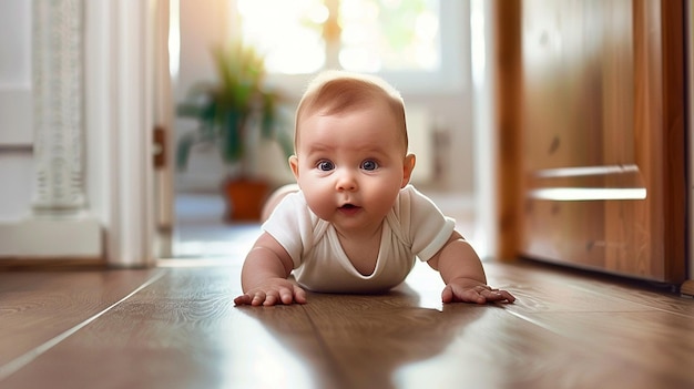 Foto um bebê está deitado no chão com uma camisa que diz bebê