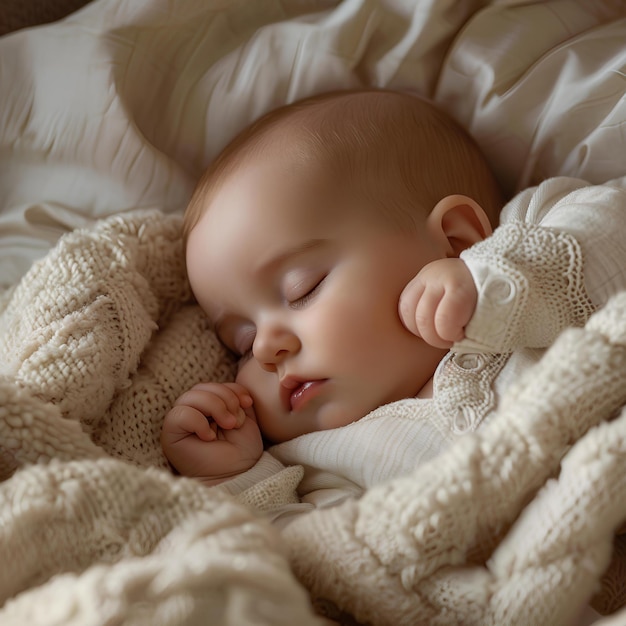 Um bebê está dormindo em um cobertor com os olhos fechados e as mãos no queixo e a cabeça enfiada.