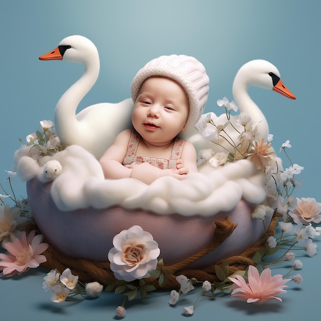 Um bebê está em um ninho com cisnes e flores.