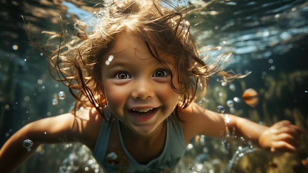 Um bebê está nadando debaixo d'água com os olhos bem abertos e o rosto cheio de admiração Criado com IA generativa