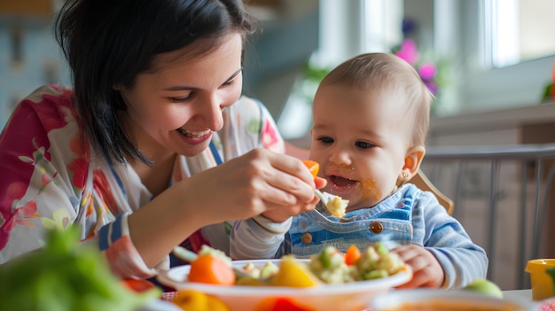 Um bebê está sendo alimentado por sua mãe enquanto come comida