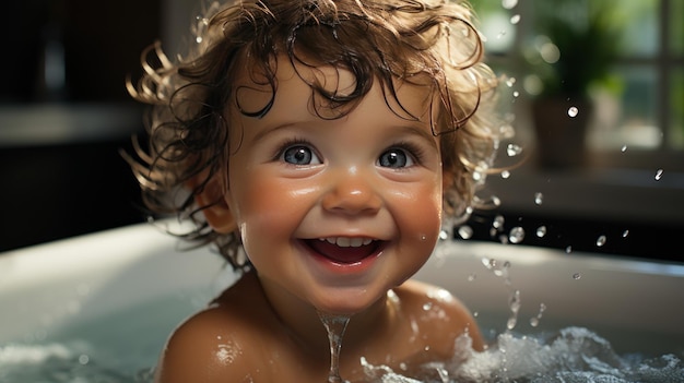 Foto um bebê está sentado em uma banheira cercado por bolhas criado com ia generativa