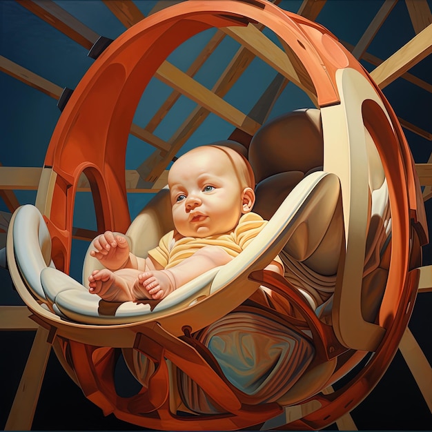 um bebê está sentado em uma roda que tem uma foto de um bebê