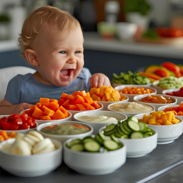 Um bebê está sentado na frente de uma mesa cheia de comida