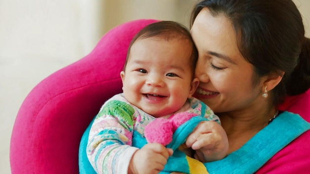 um bebê está sorrindo com uma mulher segurando seu rosto