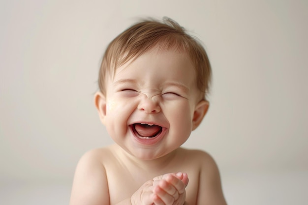 Foto um bebê está sorrindo e batendo palmas.