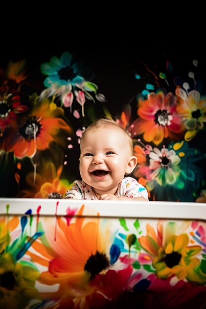 Um bebê está sorrindo em frente a uma parede colorida com flores.