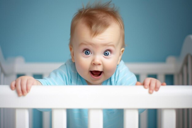 Foto um bebê está sorrindo em um berço com um fundo azul