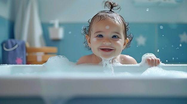 Foto um bebê está tomando banho em uma banheira