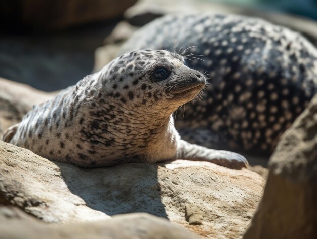 Foto um bebê foca está deitado em uma rocha.