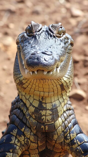 Um bebê jacaré está olhando para a câmera.