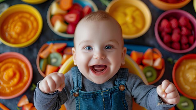 Um bebê na frente de uma travessa de comida colorida