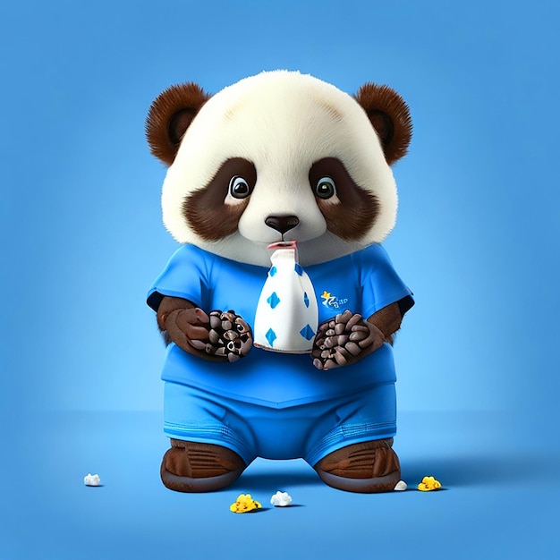 um bebê panda vestindo um short azul e uma camiseta branca segurando uma imagem de chocolate download grátis