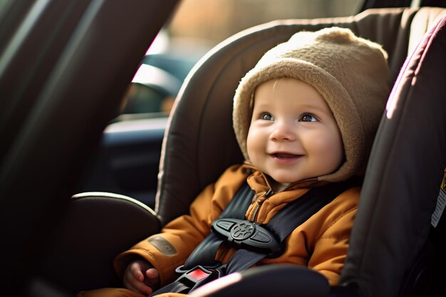 Um bebê pequeno em um assento de carro está sorrindo com Generative AI