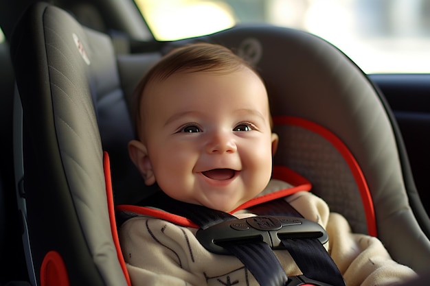 Um bebê pequeno em um assento de carro está sorrindo com Generative AI