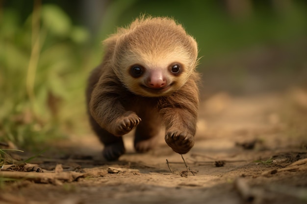 Um bebê preguiçoso a correr por um caminho de terra.