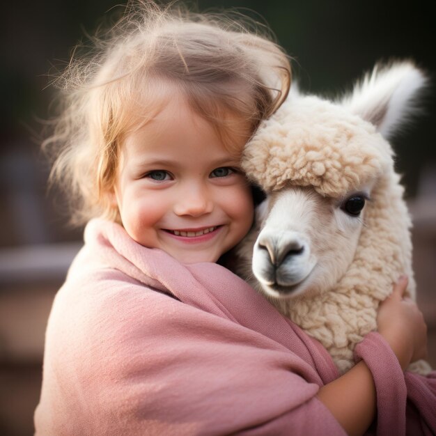 Um bebê radiante abraça um bebê alpaca fofo e satisfeito