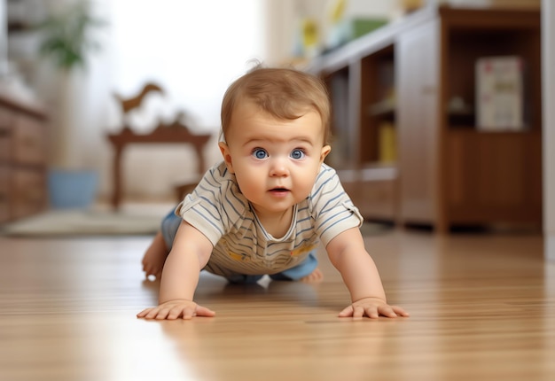 Foto um bebê rastejando no chão