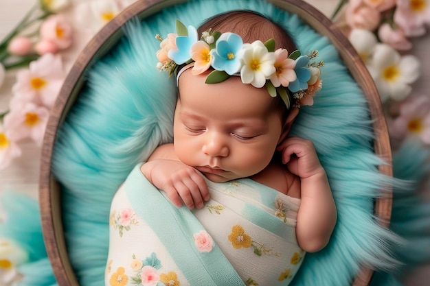 Um bebê recém-nascido está deitado em uma cama delicada envolto em pano e faixa com flor azul