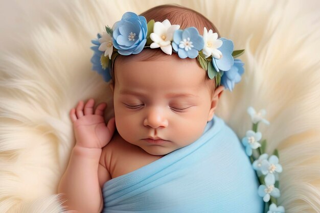 Um bebê recém-nascido está deitado em uma cama delicada envolto em pano e faixa com flor azul