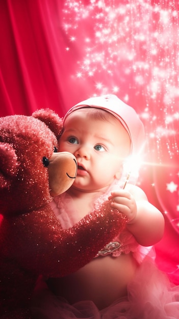Um bebê segurando um ursinho de pelúcia com um gorro vermelho e um gorro rosa.