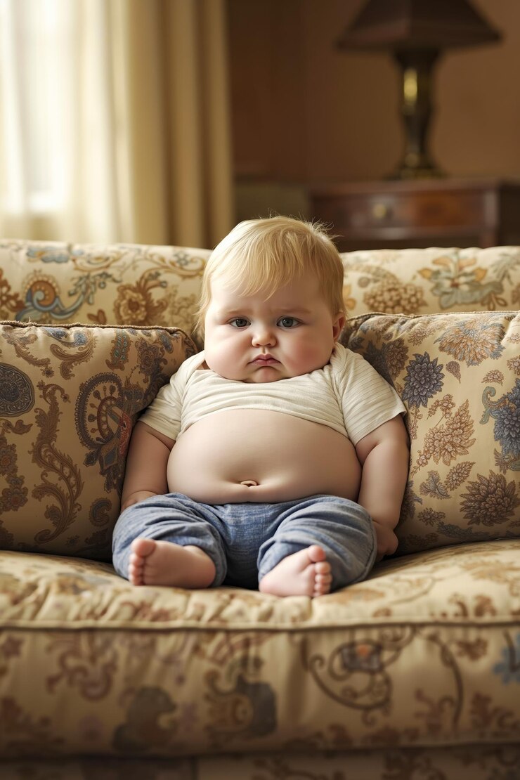 Foto um bebê sentado em um sofá em uma sala de estar