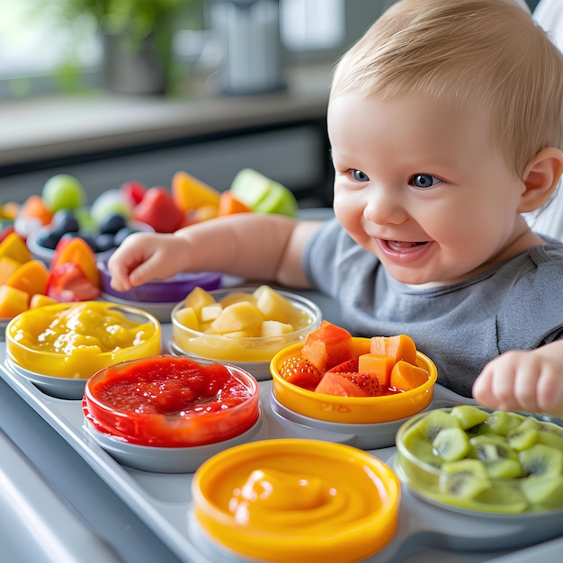 Um bebê sentado em uma bandeja com tigelas de frutas