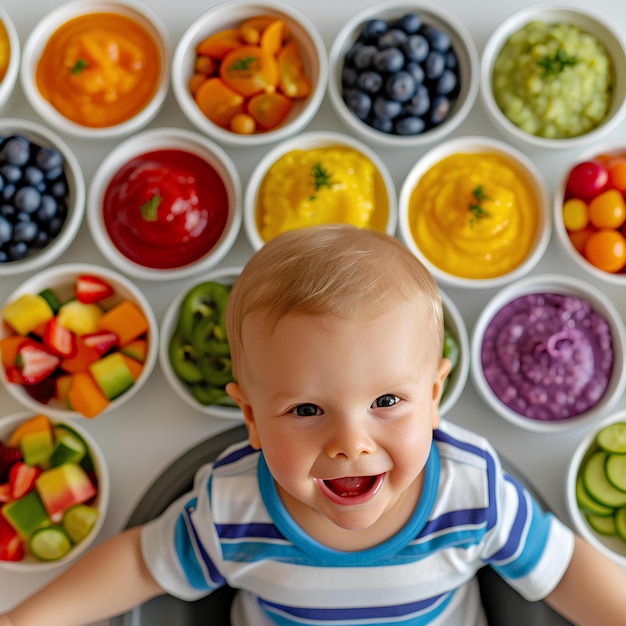 Um bebê sentado na frente de uma mesa cheia de frutas