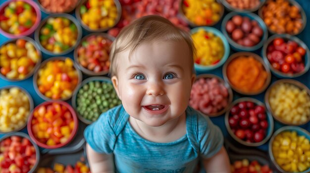 Um bebê sentado na frente de uma pilha de frutas coloridas