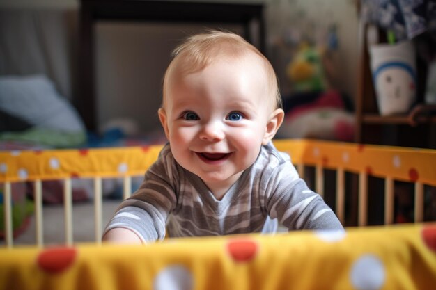 Um bebê sorridente deitado em um cercadinho olhando para a câmera criada com IA generativa