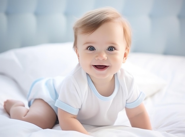 Um bebê sorridente e feliz está deitado na cama criada com tecnologia de IA generativa.