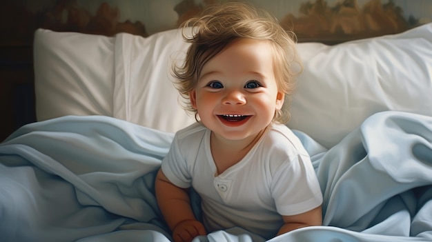 Um bebê sorridente e feliz está deitado na cama criada com tecnologia de IA generativa.