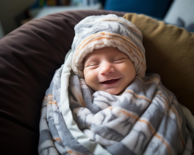 um bebê sorridente enrolado em um cobertor