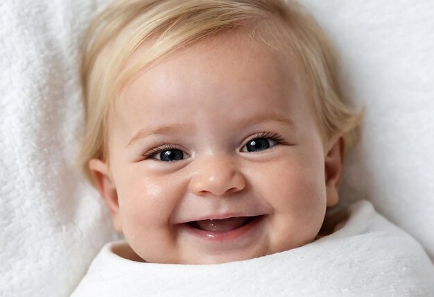 Um bebê sorridente feliz com cabelo loiro deitado em um cobertor branco