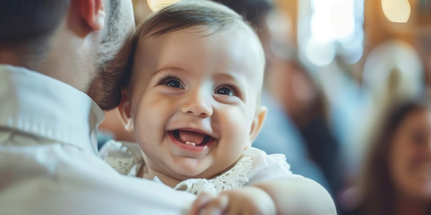 Um bebê sorridente sendo segurado por um padrinho durante a cerimônia de batismo