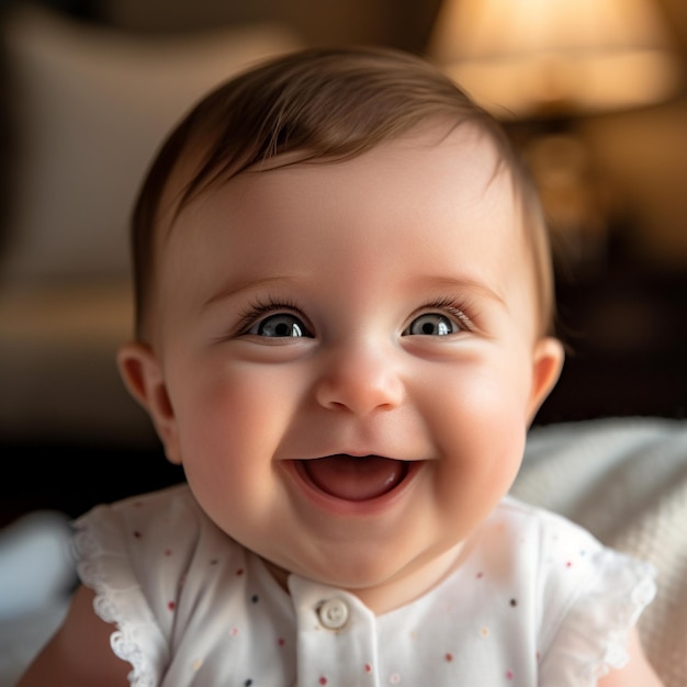 um bebê sorrindo com um vestido branco que diz "feliz"