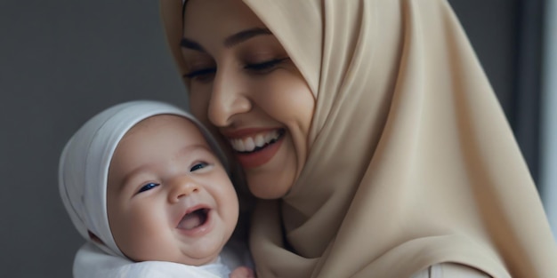 um bebê sorrindo com uma mulher segurando seu rosto