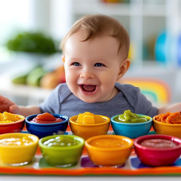 Um bebê sorrindo em uma mesa colorida com diferentes tigelas de molho